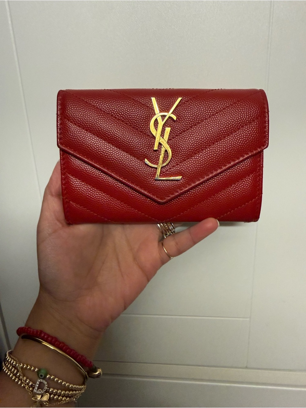 Saint Laurent Red Quilted Leather Compact Wallet with Gold YSL Hardware